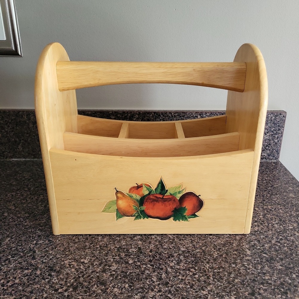 Vintage Cottagecore Wooden Utensil Caddy Fruit Motif‎ Kitchen Organizer Thailand